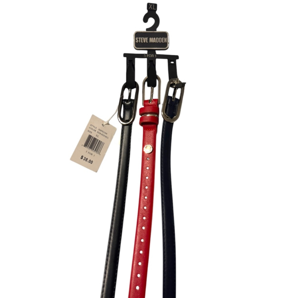 Steve Madden Skinny Belt Set of 3 XL Multi-color Red Black Navy New w Tags